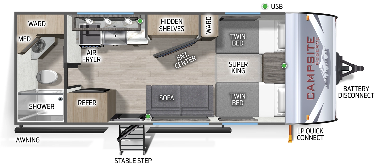 The Campsite Reserve 20AJ floorplan has one entry and zero slide outs. Exterior features include: metal exterior. Interiors features include: front bedroom and rear bathroom.